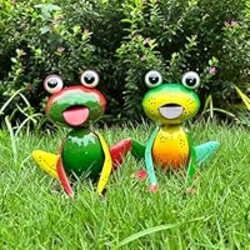 Metal Garden Decor for Outside Set of 2 Cute Small Frogs - OutdoorGarden Sculptures & Statues, Patio Lawn Backyard Fence Porch Decor, Metal Yard Art Ornaments, Garden Gifts for Mom Women Grandma
