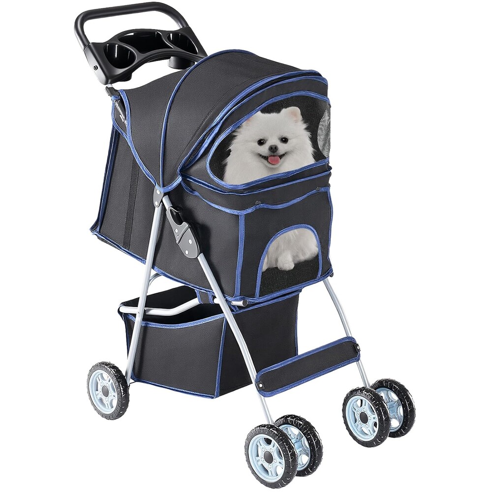 DUMOS 4 Wheels Pet Stroller for Small Dogs and Cats – Foldable Dog Stroller with Mesh Windows, Storage Basket & Cup Holder, Lightweight & Durable Pet Carrier for Travel, Outdoor Use – Black