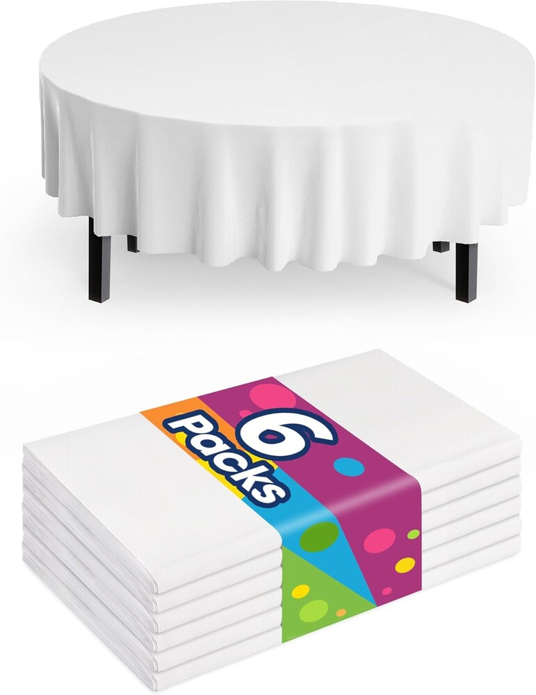 Pureegg Plastic Table Cloth Disposable 6 Pack, 84'' Round Table Cloths, Party, Picnic, Wedding, Decorative Tablecloths, Round, White Plastic Cover, Waterproof, White