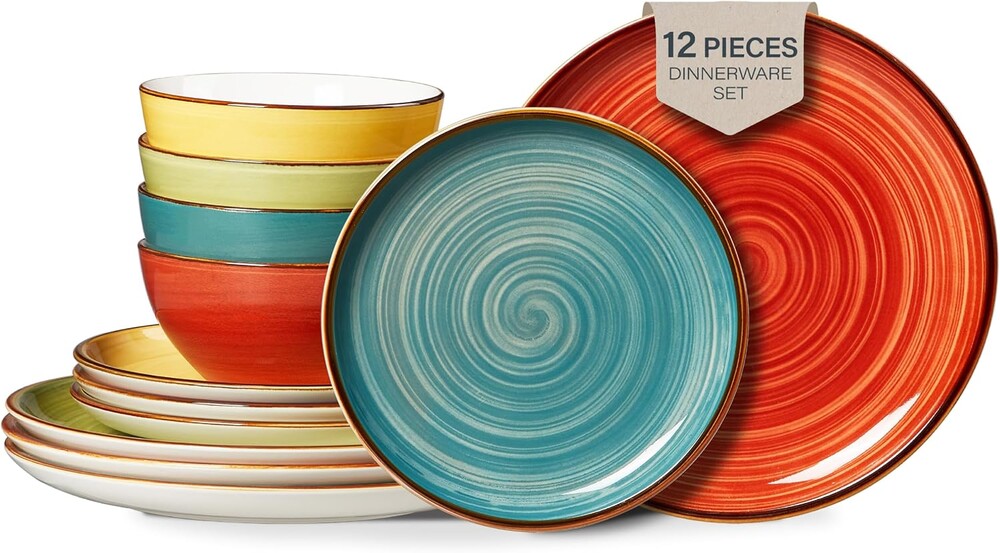 ONEMORE Plates and Bowls Set 12 Pcs,Stoneware Dinnerware Sets for 4 Microwavable,Oven & Dishwasher Safe Porcelain,Scratch Resistant Dishes Set