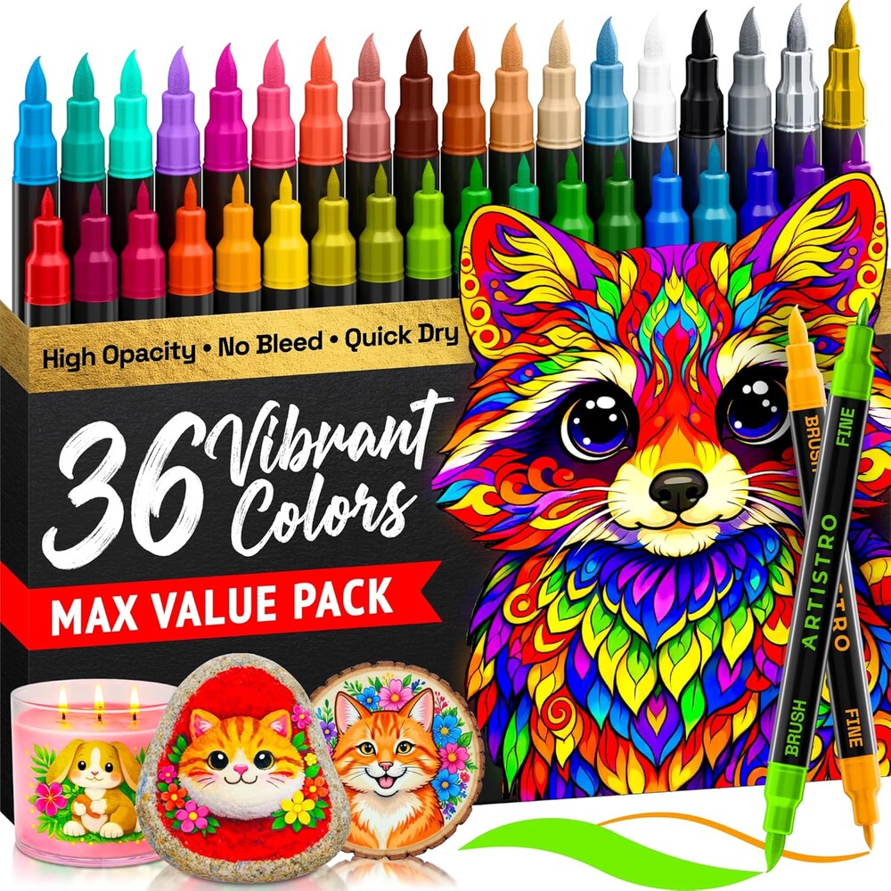 ARTISTRO 36 Acrylic Paint Markers - Paint Pens for Drawing, Brush + Fine Tips - For Fabric, Rock, Glass, Wood, DIY, Craft, Canvas - Art and Craft Supplies for Adults, Teens, Kids