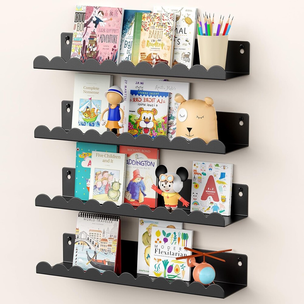 Nursery Book Shelves, 17 Inch Metal Floating Shelves for Wall 4 Pack, Scalloped Shelves, Wall Mounted Book Shelf for Kids Bedroom, Baby Room, Nursery Decor （Black）