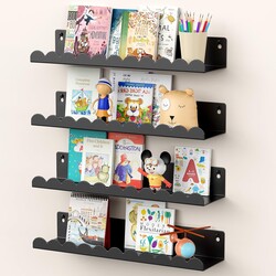 Nursery Book Shelves, 17 Inch Metal Floating Shelves for Wall 4 Pack, Scalloped Shelves, Wall Mounted Book Shelf for Kids Bedroom, Baby Room, Nursery Decor （Black）