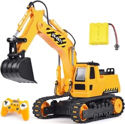 DOUBLE E Remote Control Excavator Toy, 2*Batteries 2.4GHz RC Excavator, 6-in-1 Digging/360° Rotation, 20M Range Sandbox Construction Toys Birthday Gift for Boys/Kids 6+ Years