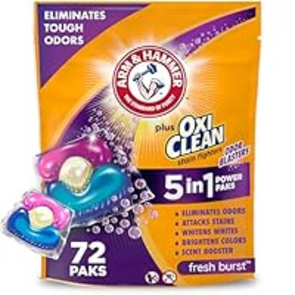 ARM & HAMMER Plus OxiClean With Odor Blasters Laundry Detergent, 5-IN-1 Power Paks, 72 Ct