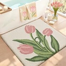 LUMI Bathroom Rugs Cute Tulip, Soft Absorbent Square Bath Mat Non-Slip, Machine Washable Quick Dry Beige Luxury Rug Flower for Kids Room, Bathtub, Home Decor, 32"x32"