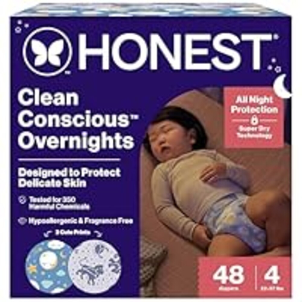 The Honest Company Comfort Dry Disposable Overnight Diapers for Sensitive Skin, Hypoallergenic, Baby Cozy Cloud and Star Signs Design Club Box Size 4 (22–37 lbs) 48 Count