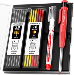Carpenter Pencils Set with Sharpener, Heavy Duty Woodworking Tools with 13 Refills (Red, Black, Yellow), Construction Pencil and Deep Hole Long Nib Marker Pen for Architect Marking with Case