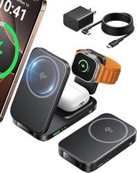 INIU 3 in 1 Wireless Charging Station, Qi2 Certified 15W Travel Charger for Apple Multiple Devices, Foldable Magnetic Wireless Charger Stand for iPhone 17 16 15 14 13 12 Series Apple Watch AirPods