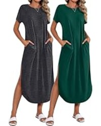 Riyiper 2 Pieces Women's Short Sleeve Maxi Dress Round Neck Casual Loose Split Long Summer Beach Shirt Dress with Pockets (Green, Dark Gray,Small)