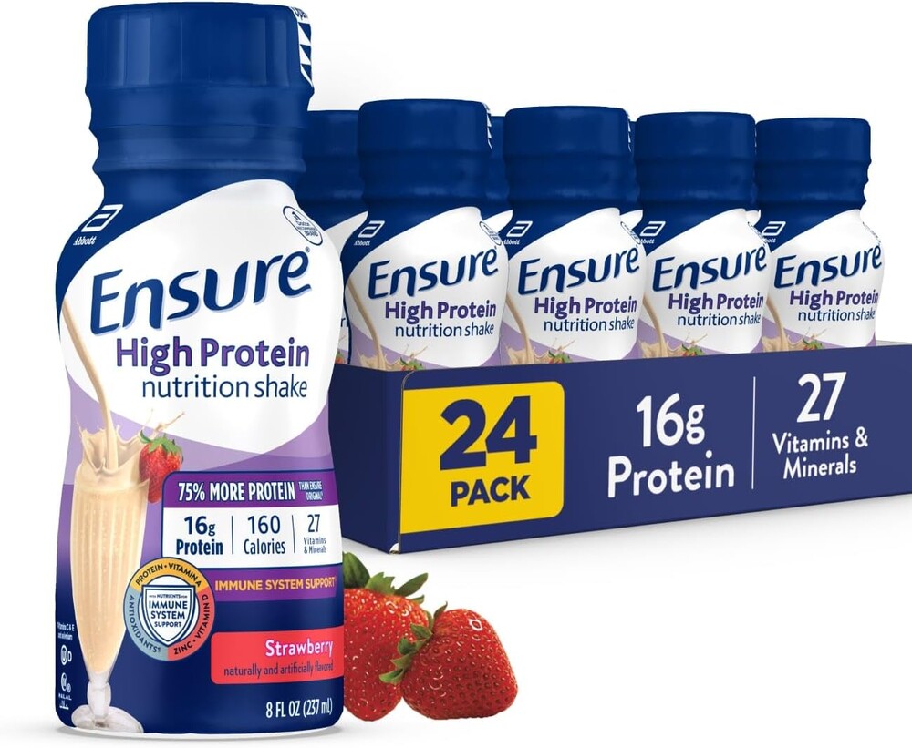 Ensure High Protein Strawberry Nutrition Shake, Ready to Drink, 16g Protein and 27 Vitamins and Minerals, 8 fl oz, 24 Pack