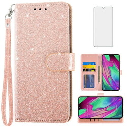 Asuwish Compatible with Samsung Galaxy A40 Wallet Phone Case and Tempered Glass Screen Protector Flip Credit Card Holder Stand Bling Glitter Cell Cover for A 40 40A Women Men Pink