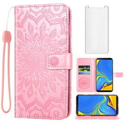 Compatible with Samsung Galaxy A9 2018 Wallet Phone Case and Tempered Glass Screen Protector Flip Credit Card Holder Stand Mandala Flower Cell Cover for 9A Star Pro A9S A920 A920F Women Men Pink