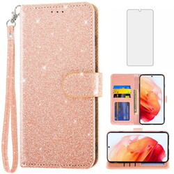 Asuwish Compatible with Samsung Galaxy S21 5G 6.2 inch Wallet Phone Case and Tempered Glass Screen Protector Flip Credit Card Holder Stand Bling Glitter Cell Cover for S 21 21S G5 Women Men Pink