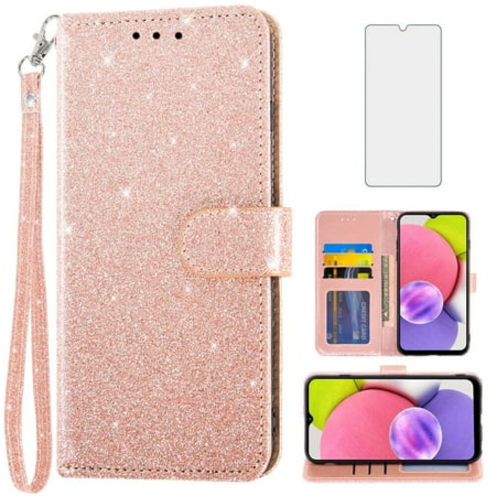 Compatible with Samsung Galaxy A03s US Version 5G 2022 Wallet Phone Case and Tempered Glass Screen Protector Flip Credit Card Holder Stand Bling Glitter Cell Cover for Ao3s SM-A037U SM A037U Pink