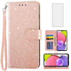 Compatible with Samsung Galaxy A03s US Version 5G 2022 Wallet Phone Case and Tempered Glass Screen Protector Flip Credit Card Holder Stand Bling Glitter Cell Cover for Ao3s SM-A037U SM A037U Pink