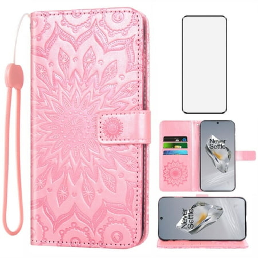 Asuwish Compatible with OnePlus 12 5G Wallet Phone Case and Tempered Glass Screen Protector Flip Credit Card Holder Stand Mandala Flower Cell Cover for One+ 1plus12 2024 Women Men Pink