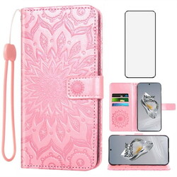 Asuwish Compatible with OnePlus 12 5G Wallet Phone Case and Tempered Glass Screen Protector Flip Credit Card Holder Stand Mandala Flower Cell Cover for One+ 1plus12 2024 Women Men Pink