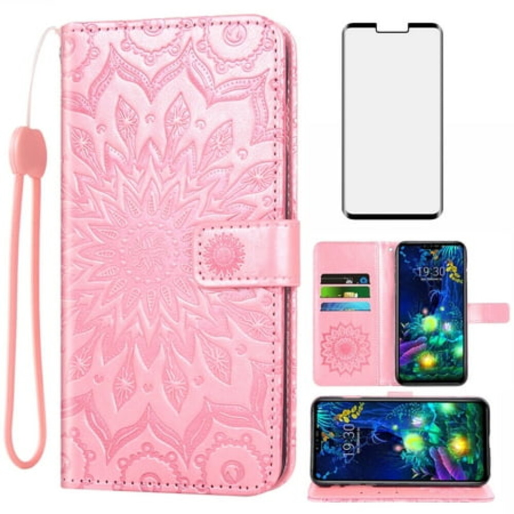 Compatible with LG V50 ThinQ Wallet Phone Case and Tempered Glass Screen Protector Flip Credit Card Holder Stand Mandala Flower Cell Cover for LGV50 5G V 50 Thin Q V50ThinQ 50ThinQ 50V Women Pink