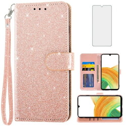 Asuwish Compatible with Samsung Galaxy A33 5G Wallet Phone Case and Tempered Glass Screen Protector Flip Credit Card Holder Stand Bling Glitter Cell Cover for A 33 33A Women Men Pink