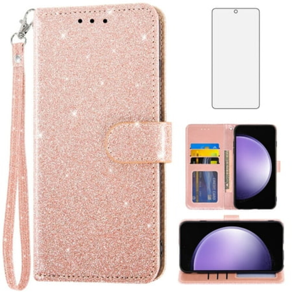 Asuwish Compatible with Samsung Galaxy S23 FE 5G Wallet Phone Case and Tempered Glass Screen Protector Flip Credit Card Holder Stand Bling Glitter Cell Cover for S 23 EF S23FE 23S Women Pink