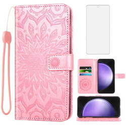 Asuwish Compatible with Samsung Galaxy S23 FE 5G Wallet Phone Case and Tempered Glass Screen Protector Flip Credit Card Holder Stand Mandala Flower Cell Cover for S 23 EF S23FE 23S Women Men Pink
