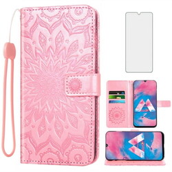 Asuwish Compatible with Samsung Galaxy M30/A40S Wallet Phone Case and Tempered Glass Screen Protector Flip Credit Card Holder Stand Mandala Flower Cell Cover for 30M M305F Women Men Pink