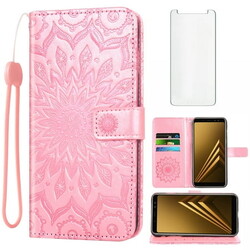Compatible with Samsung Galaxy A8 2018 Wallet Phone Case and Tempered Glass Screen Protector Flip Credit Card Holder Stand Mandala Flower Cell Cover for 8A 2018 A530W SM-A530W Women Men Pink