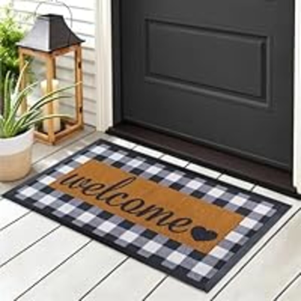 ubdyo Welcome Mat for Front Door Outside - Dirt Trapping Doormat Outdoor Entrance - Low Profile Welcome Matt Outdoor - Rubber Backing Anti Slip Door Mat - Regular 30'' x17'' (Checkered)