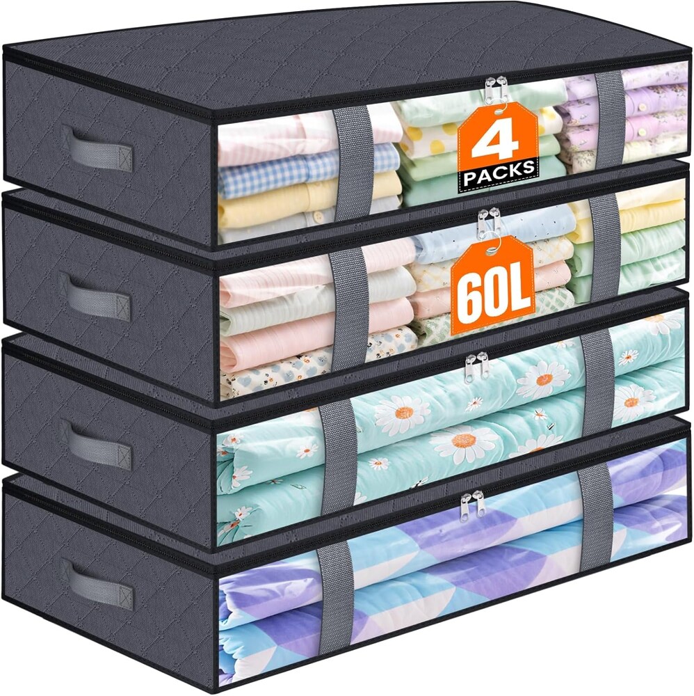 Under Bed Storage Containers, 4 Pack Blanket Storage Bags, Collapsible Storage Bags with Big Zippers, Clear Front, Shoe Storage and Organization for Clothes, Comforter, 60L, Grey