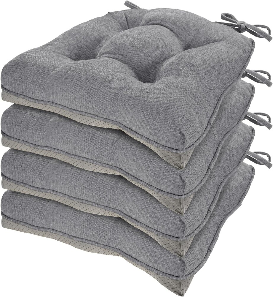 HARBOREST Chair Cushions for Dining Chairs Set of 4 - Chenille Tufted Kitchen Chair Cushions with Ties and Non-Slip Bottom, Foam Chair Pads for Dining Chairs, 17" x 17", Grey