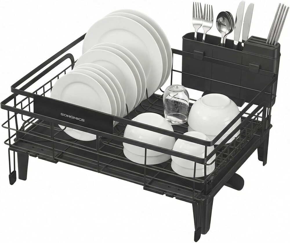 SONGMICS Dish Drying Rack, Kitchen Dish Rack with Drainboard, 360° Rotatable and Extendable Spout, with Cutlery Holder, (12.2-22) x 16.5 x 7.9 Inches, Ink Black UKCS552B01