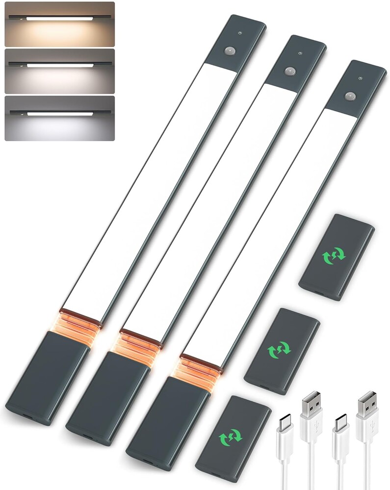 EZVALO Under Cabinet Lights with 3 Extra Batteries, 2200mAh Rechargeable Motion Sensor Light Indoor, 3 Color Temps, Dimmable Closet Lights for Pantry, Wardrobe