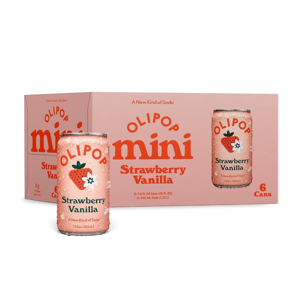 OLIPOP Minis Prebiotic Soda Pop, Strawberry Vanilla, Pantry Pack Packed with Prebiotics, Fiber, and Botanicals, Gluten Free, Vegan, GMO Free, 7.5oz (6-Cans)
