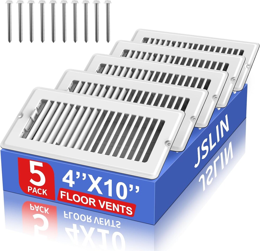 4x10 Floor Regsiter - 5 Pack Vent Covers for Home Floor Wall Ceiling - White with Screws for Easy Installation - Heavy Duty Steel Walkable Finish for Quiet Adjustable Airflow HVAC Register Grilles