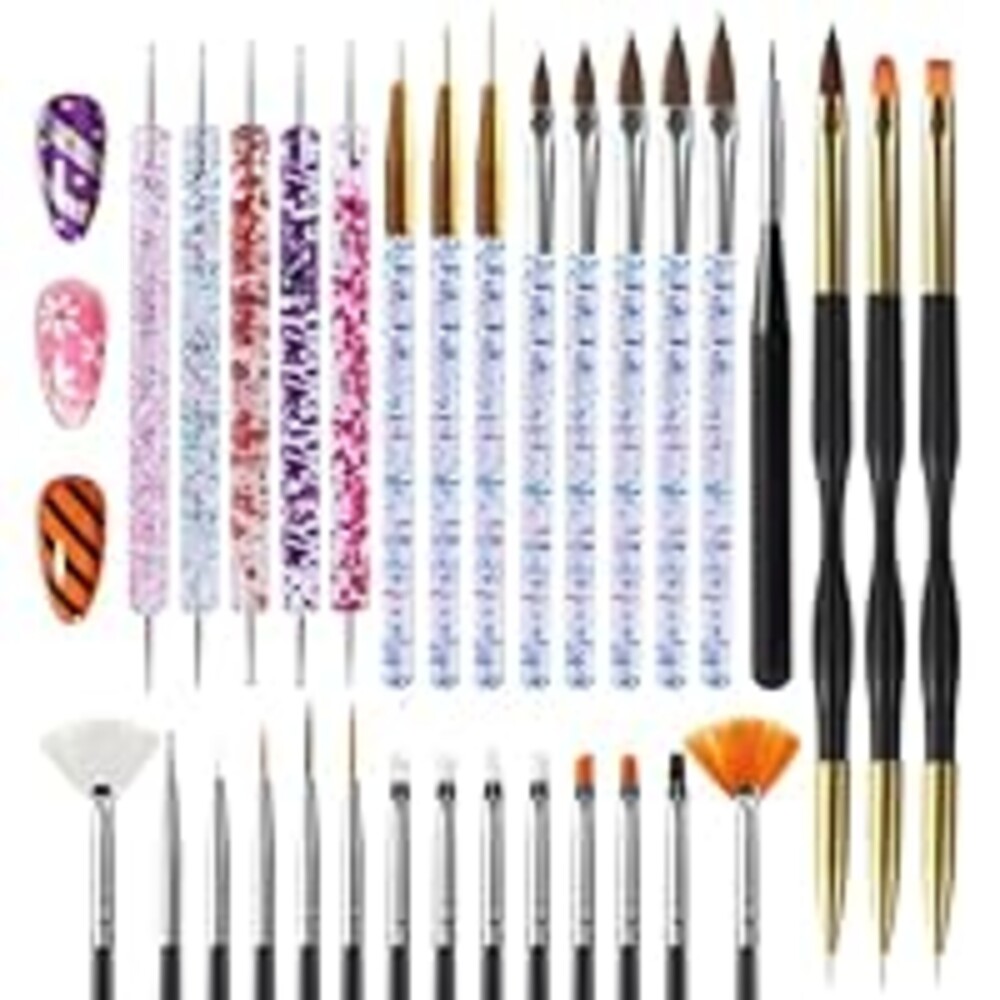 Artdone 31pcs Nail Art Brushes, Nail Art Tool Set, Dotting Tools, Dust Brush,Striping Brushes for Long Lines, Drawing Pen For Gel Polish Design supply