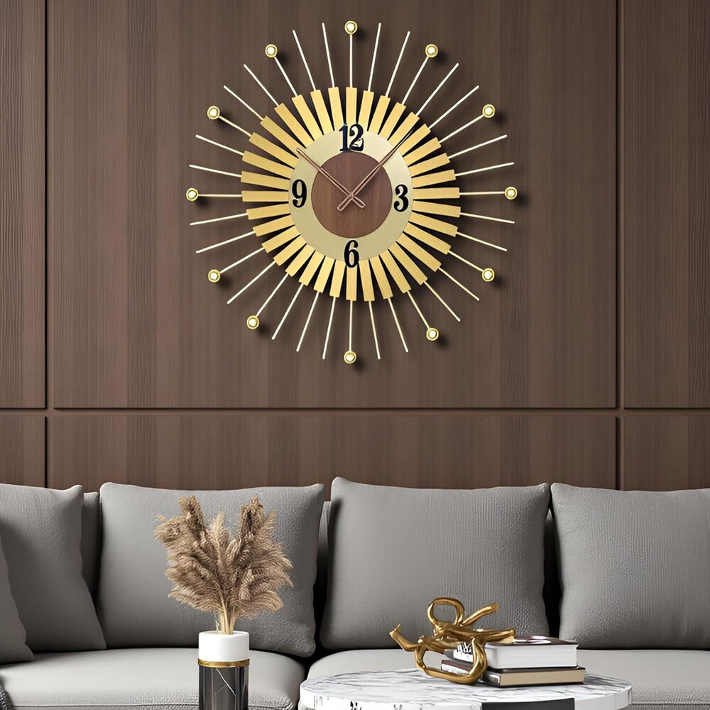 22 Inch Modern Sunburst Wall Clock - Gold Silent Battery Operated Decorative Clock with Walnut Wood for Living Room, Office, Bedroom Decor