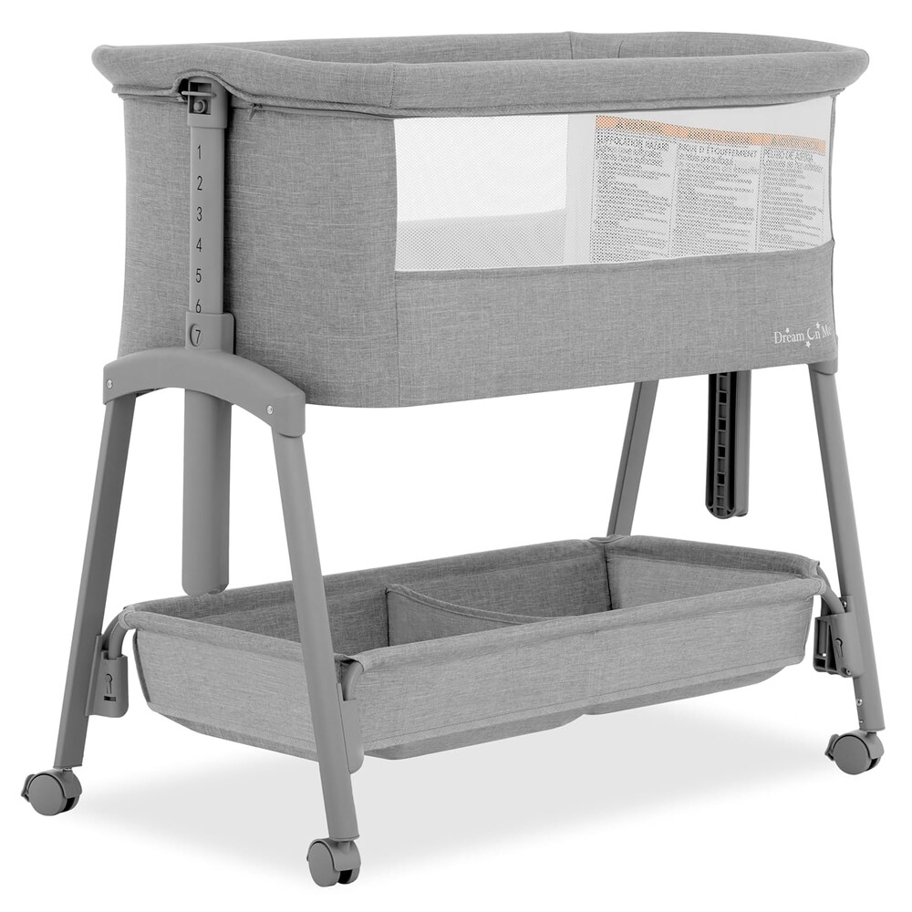 Dream On Me Calypso Portable Bassinet with Wheels, Adjustable Height Bedside Sleeper, Foldable Baby Bassinet with Breathable Mesh Sides, Foam Mattress, Easy Mobility & Travel-Friendly Design - Grey