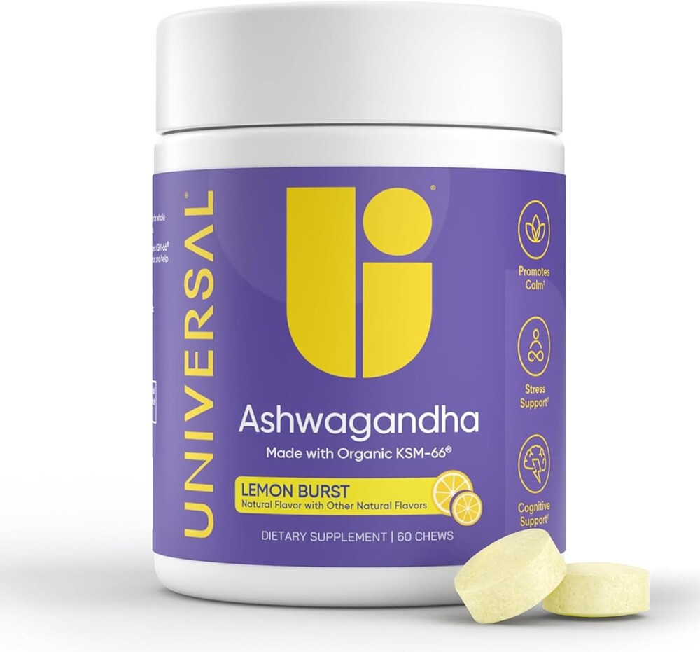 Universal U Calm + Focus Ashwagandha Chews – KSM-66® 300 mg Clinically Studied Extract for Stress Relief, Mood Balance & Calm Energy – Lemon Flavor – 60 Chews