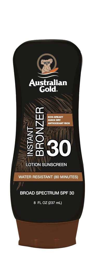 Australian Gold Sunscreen Lotion with Instant Bronzer, Broad Spectrum, Water Resistant, Non-Greasy, Oxybenzone Free, Cruelty Free, SPF 30, Coconut, 8 Fl Oz (A70902)