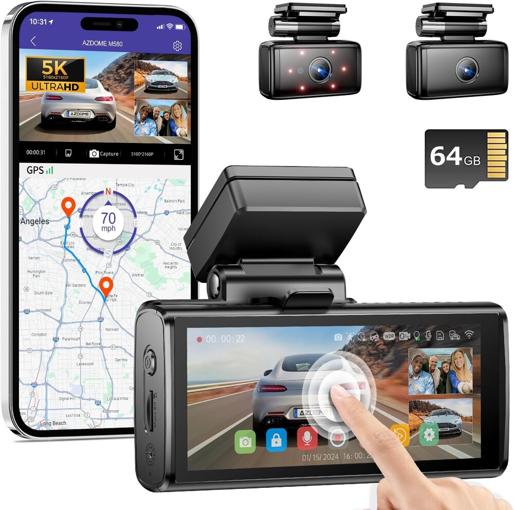 AZDOME 5K 3 Channel Dash Cam, Free 64GB Card, 4" Touchscreen Car Camera, 5G WiFi GPS Dashcam Front and Rear Inside 4K+1080P+1080P, IR Night Vision Driving Recorder, G-Sensor Parking Mode (M580)
