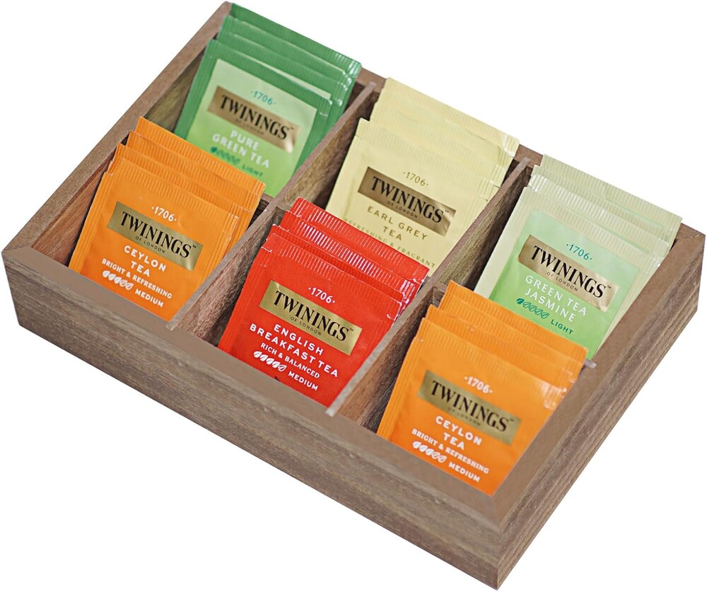 Krismax Tea Bag Organizer,Wooden Box Holder, Storage Containers with 6 Slots,Divided Storage Container for Beverage Supllies,Sugar,Individual Packets (Brown)
