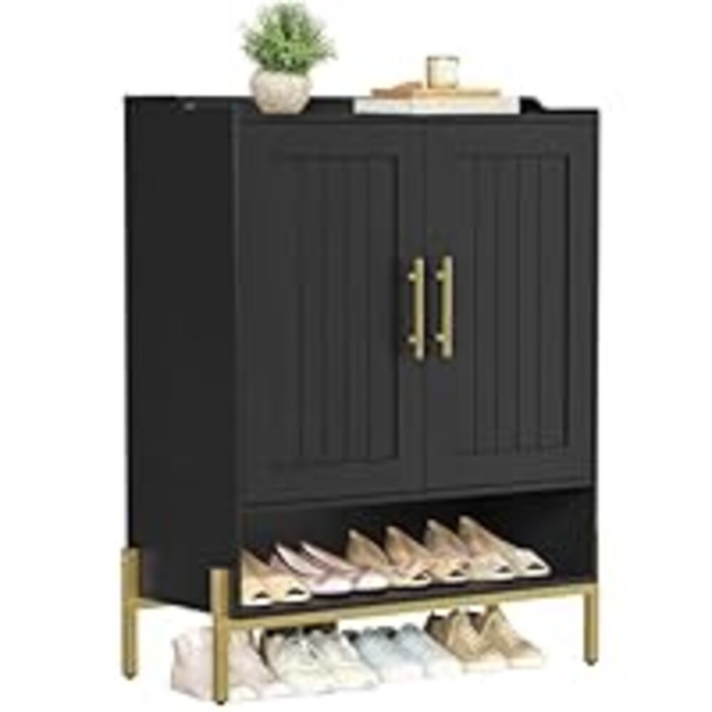HOOBRO Shoe Cabinet, 5-Tier Shoe Storage Organizer with Doors, Wooden Shoe Cabinet Storage for Entryway, Freestanding Shoe Rack Cabinet with 3 Adjustable Shelves for Hallway, Gold and Black DB41SC01