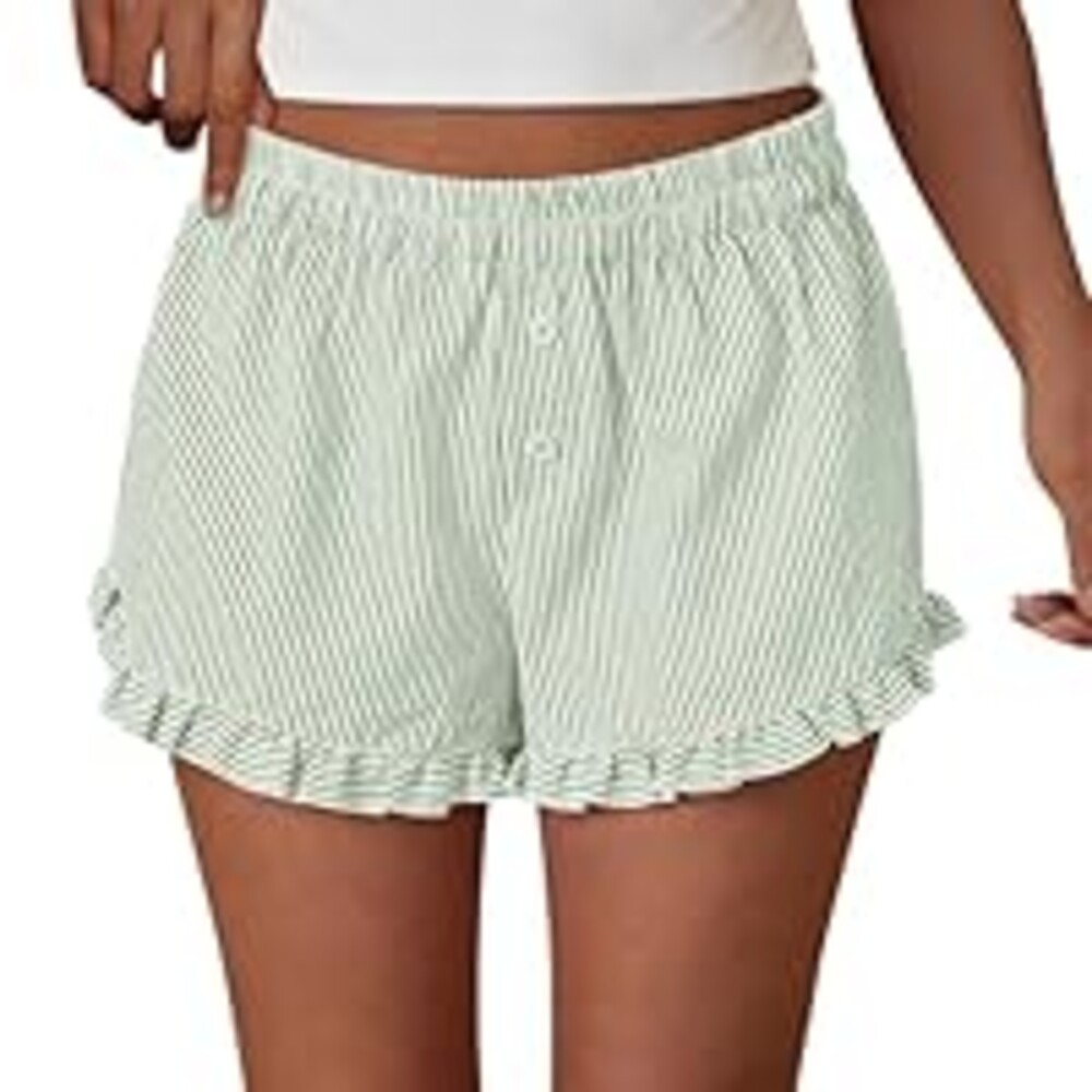 PRETTYGARDEN Womens Boxer Shorts Y2K Ruffle Pajama 2026 Summer Spring Lounge Sleep Striped Casual Beach Pj Bottoms Pockets (Striped Light Green,Large)