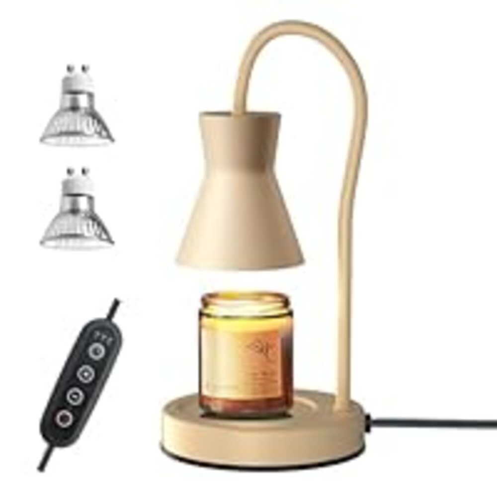 LALISU Candle Warmer Lamp with Timer and Dimmer, Vintage Electric Candle Melter with 2 Bulbs, Melter Scented Candle Height Adjustable Compatible with Jar Candles, House Warming Gifts (Beige)