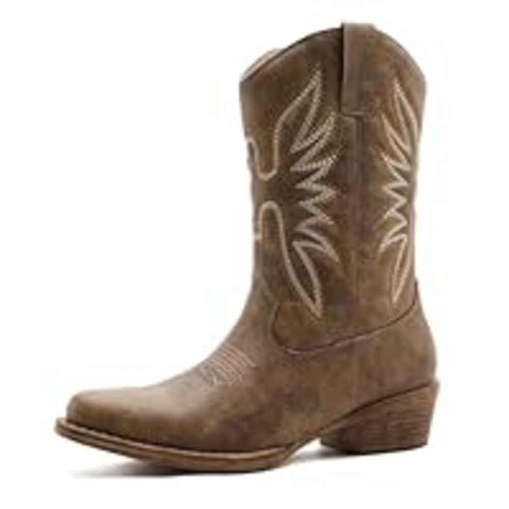 GLOBALWIN Square Toe Black Cowboy Boots For Women Cowgirl Western Boots With Low Heel Size 7.5M