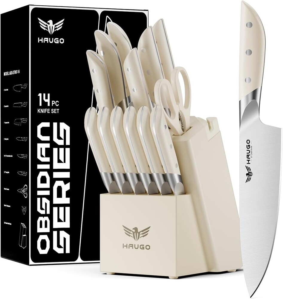 Kitchen Knife Set with Block: 14-Piece German Stainless Steel Full Tang Professional Knife - Comfortable Grip Reduces Hand Fatigue 30% - Dishwasher Safe & Sharpener - White Knife Set for Cooking