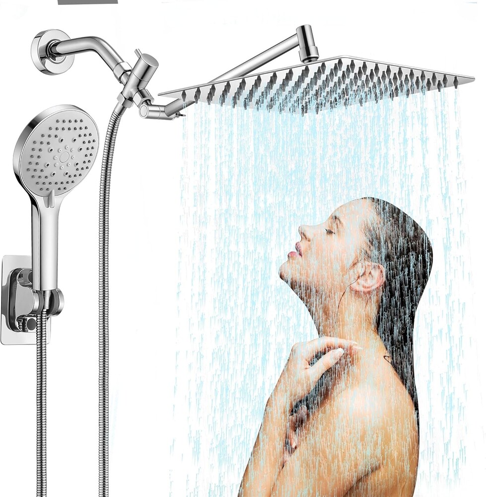 10 inch Rain Shower Head with Handheld Spray Stainless Steel, High Pressure Square Rainfall Showerhead Combo with 6 Handheld Sprayer, Detachable Shower Heads Waterfall Shower for Bathtub