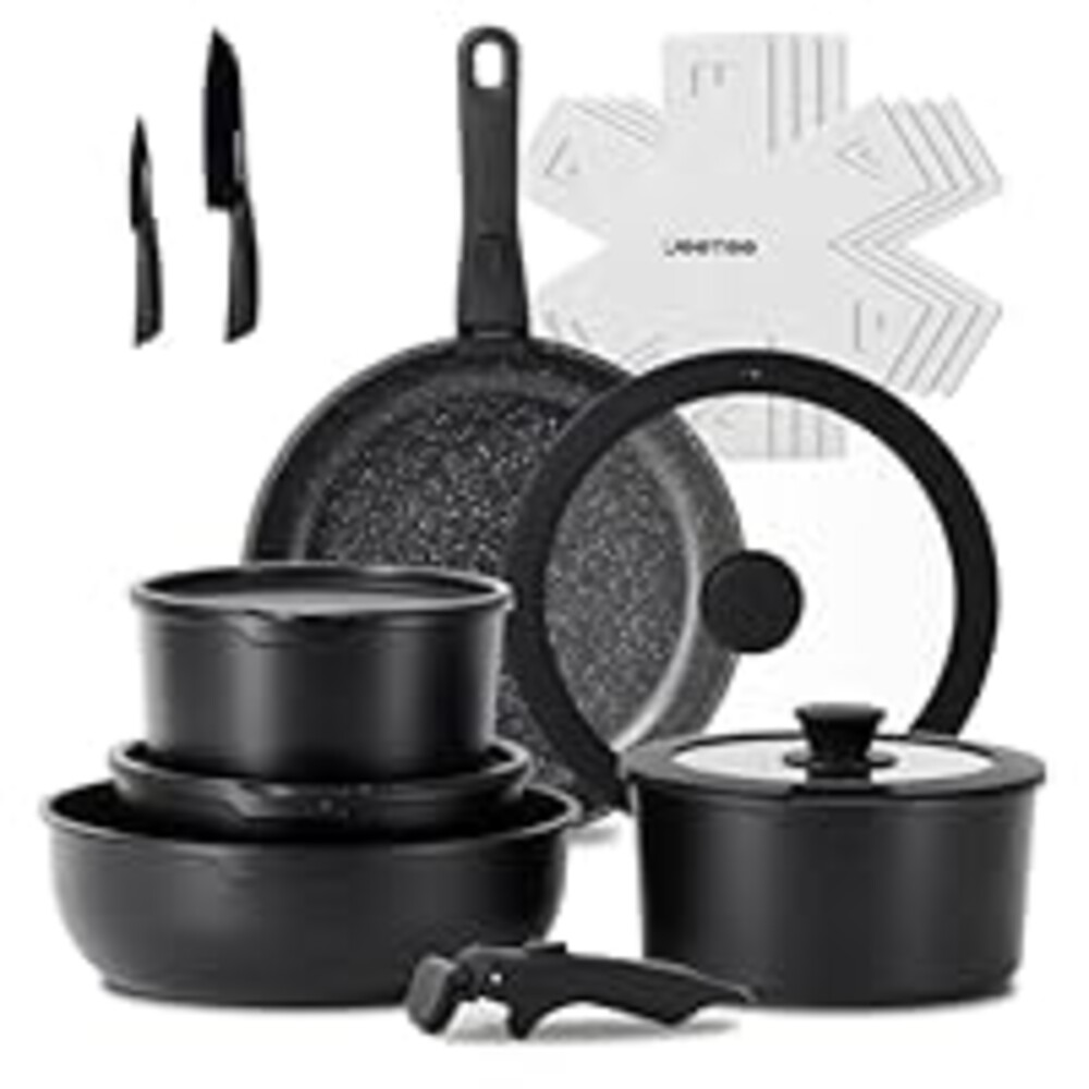 JEETEE Pots and Pans Set Non Stick 17pcs, Kitchen Cookware Sets with Detachable Handle, Induction Nonstick Cookware Set with Removable Handle, Stackable RV Cookware, Oven Safe, PFAS/PFOA Free, Black