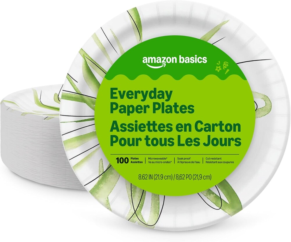Amazon Basics Everyday Disposable Paper Plates, 8.62 Inch, Microwave-Safe, Cut Resistant, Soak-Proof, 100 Count, Packaging May Vary